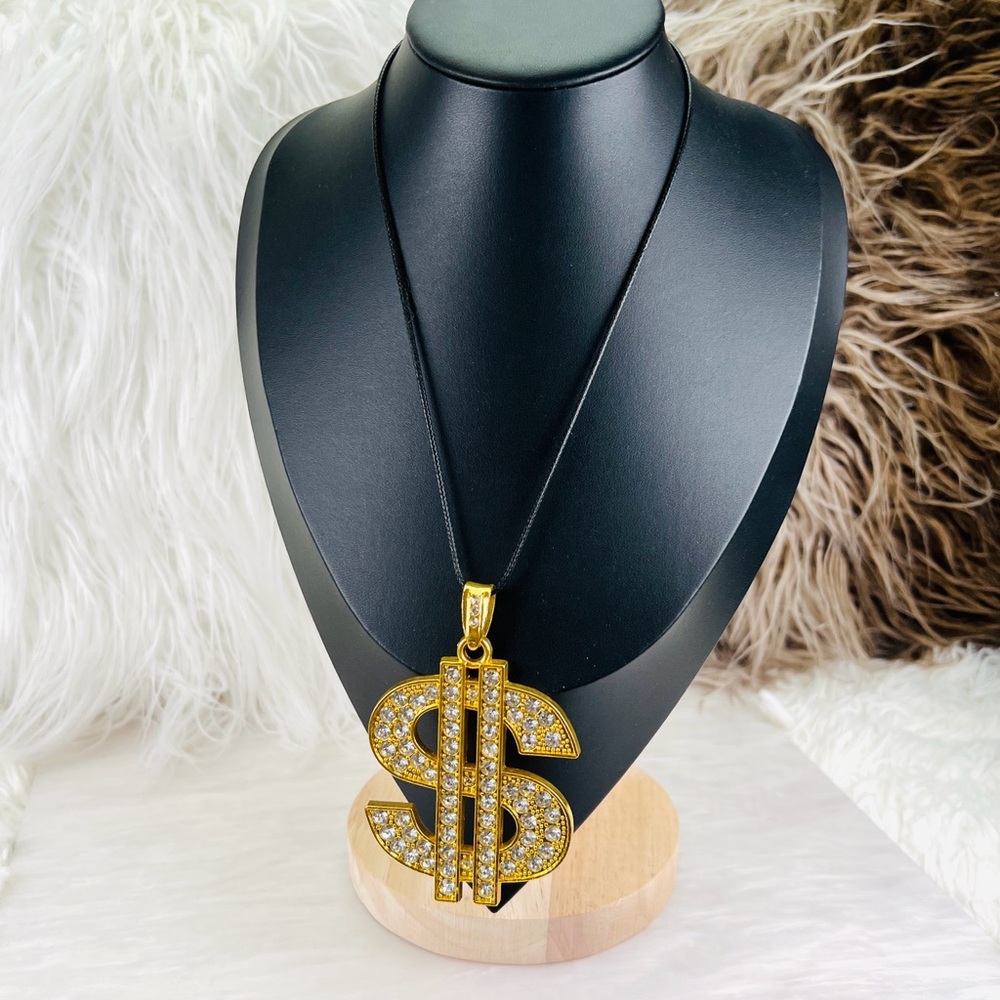 Goldtone Dollar Sign Bling Large Pendant Necklace + Coed Necklace - Picture 2 of 8